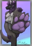 anthro belly breasts claws feet female foot_focus genitals glowing hair horn machine multicolored_body pawpads paws pole purple_hair pussy simple_background slightly_chubby slightly_chubby_female solo stepped_on stepping_on_viewer tail visor millievonpuppo mamagen protogen hi_res signature