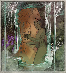 anthro balls border braided_hair breasts duo eyes_closed female flower foreskin fur genitals green_body green_skin gynomorph gynomorph/female hair hand_on_butt hot_spring hug intersex intersex/female long_hair muscular muscular_anthro muscular_gynomorph muscular_intersex nipples nude outside partially_submerged penis plant retracted_foreskin scar shaved_sides smile water waterfall conditional_dnp gammelgaedda vem_(thermorium) zahraa_(schroedingers_dead_friend) gnoll humanoid hyena mammal orc digital_media_(artwork)