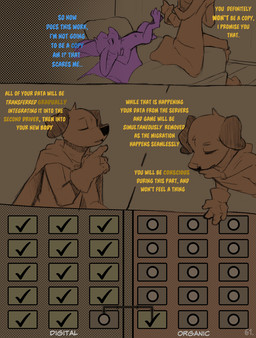 ambiguous_gender anthro bed big_ears blue_text check_mark circle cloak clothed clothing comic_panel dialogue duo eyes_closed furniture purple_body text wings yellow_text conditional_dnp dacad tyler_(dacad) zipper_(dacad) bat canid canine mammal comic hi_res restricted_palette