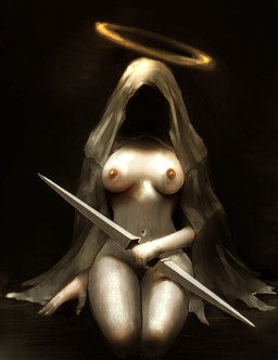 blade breasts cloth dark darkness female halo holding_melee_weapon holding_object holding_weapon melee_weapon navel nipples not_furry solo weapon unknown_artist human mammal