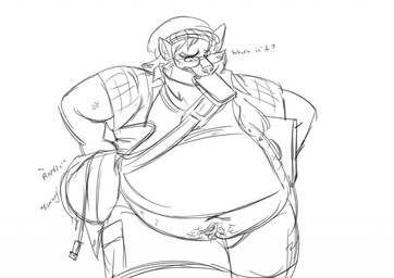 anthro beanie belly belly_peeking_out cellphone clothed clothing dialogue electronics eyewear fur glasses hair hand_in_bag hat headgear headwear looking_down male messenger_bag mouth_hold navel obese obese_anthro obese_male overweight overweight_anthro overweight_male phone smartphone solo sound_effects text walking volkenfox mammal procyonid raccoon black_and_white english_text monochrome sketch