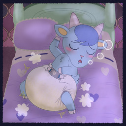 ambiguous_gender anthro bed bedwetting big_diaper blue_body blue_fur blue_hair blush blush_lines blush_stickers bodily_fluids border bubble clothed clothing cloud_emanata cloven_hooves diaper diaper_only diaper_puff drooling emanata eyes_closed fur furniture genital_fluids grey_border grey_hooves hair head_horn heart_symbol hooves horn huge_diaper lying nocturnal_enuresis on_back on_bed open_mouth pillow pink_nose saliva sleeping solo striped_horn stripes topless unclean_diaper urine used_diaper using_diaper wearing_diaper wet_diaper wetting wetting_diaper white_diaper yellow_inner_ear tenerius animal_crossing nintendo sherb_(animal_crossing) bovid caprine goat mammal 1:1 absurd_res hi_res