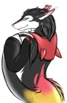 anthro biped black_body black_hair blush clothing furgonomics green_eyes hair jacket looking_at_viewer male markings rear_view red_markings smile solo standing tail tail_over_shoulder tail_tuft topwear tuft nautilusta gustav mammal sergal digital_media_(artwork) half-length_portrait portrait restricted_palette warm_colors