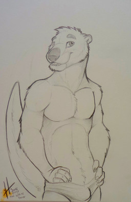 anthro arm_tuft athletic athletic_anthro athletic_male bottomwear bulge cheek_tuft clothed clothing ears_back elbow_tuft facial_tuft fangs front_view glistening glistening_eyes looking_at_viewer male male_anthro open_mouth pivoted_ears solo standing tail teeth topless tuft hufnaar mammal mustelid otter 2016 dated hi_res monochrome portrait signature three-quarter_portrait