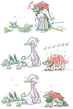 >_< all_fours ambiguous_gender carrying_another claws eyes_closed feral green_eyes group interrobang open_mouth outside shaking simple_background sitting smile tail text water white_background white_eyes 773mimisuke nintendo pokemon generation_3_pokemon generation_5_pokemon generation_6_pokemon goodra goomy pokemon_(species) swampert zoroark 2:3 comic hi_res japanese_text