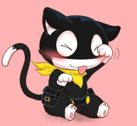 anthro belt black_body black_fur blep blush chibi fur kerchief male markings mask pawpads paws personal_grooming solo tail tail_markings tongue tongue_out white_body white_fur young young_anthro namoke atlus megami_tensei persona_(series) persona_5 sega morgana_(persona) domestic_cat felid feline felis mammal tuxedo_cat digital_drawing_(artwork) digital_media_(artwork) digital_painting_(artwork) painting_(artwork)