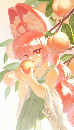 5_fingers ahoge anthro braided_pigtails claws clothed clothed_anthro clothed_female clothing dress ear_piercing ear_ring female fingers food fruit fruit_tree fully_clothed fully_clothed_anthro fully_clothed_female fur green_clothing green_dress hair holding_food holding_fruit holding_object holding_peach inner_ear_fluff peach_(fruit) peach_tree piercing pink_body pink_fur pink_hair plant red_eyes ring_piercing simple_background solo tree tuft white_background yamacho mihoyo zenless_zone_zero zhao_(zenless_zone_zero) lagomorph leporid mammal rabbit thiren 2026 absurd_res hi_res portrait three-quarter_portrait