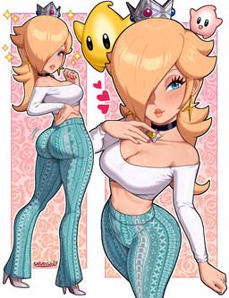 5_fingers ambiguous_gender big_breasts blonde_hair blue_eyes blush bottomwear breasts bubble_butt butt cleavage clothed clothing colored_nails crown digit_ring ear_piercing eyelashes female female_focus finger_ring fingernails fingers footwear grey_clothing grey_footwear grey_high_heels group hair hair_over_eye headgear heart_symbol high_heels human_focus jewelry looking_at_viewer nails not_furry not_furry_focus pants piercing pink_fingernails pink_nails shirt shoes smile sparkles star_necklace teal_bottomwear teal_clothing teal_pants topwear trio white_clothing white_shirt white_topwear sarukaiwolf forbidden_pants mario_bros nintendo super_mario_galaxy baby_luma rosalina_(mario) human luma mammal 2026 alternate_version_at_paywall signature
