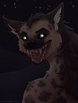 ambiguous_gender anthro desert glowing glowing_eyes inner_ear_fluff looking_at_viewer markings night open_mouth sand smile solo spots spotted_body star teeth_showing tuft zegzagun hyena mammal absurd_res hi_res