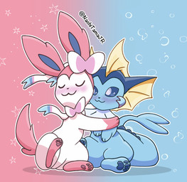 ambiguous_gender anthro blue_background blue_body blue_eyes duo eyes_closed feral fin gradient_background hug pattern_background pink_background pink_ears pink_paws pink_tail simple_background tail tail_fin text white_body yellow_fin nachitamajr nintendo pokemon aquatic eeveelution fish generation_1_pokemon generation_6_pokemon mammal pokemon_(species) sylveon vaporeon