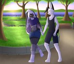 anthro bench black_body black_fur clothing crop_top detailed_background duo fangs female floppy_ears fur grey_eyes hair hand_holding looking_at_another looking_at_partner male male/female markings morning park park_bench red_eyes shirt smile smiling_at_another smiling_at_each_other spots spotted_body spotted_fur teeth topwear white_body white_fur white_hair trashy_hex ashley_(huf13) jack_kel_(huf13) domestic_rabbit lagomorph leporid lop_rabbit mammal oryctolagus rabbit absurd_res hi_res