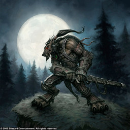anthro claws forest full_moon grass hair holding_melee_weapon holding_object holding_sword holding_weapon male melee_weapon moon outside plant ponytail scabbard solo standing sword tree weapon glenn_rane blizzard_entertainment warcraft canid mammal werecanid werecreature worgen 2009 official_art