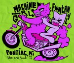 anthro black_nose black_text duo exhaust eyes_closed fur green_background hand_on_another's_shoulder hand_on_shoulder motorcycle narrowed_eyes open_mouth open_smile riding_motorcycle sharp_teeth simple_background sitting smile teeth text vehicle wheel white_body kot2ka femtanyl machine_girl token_(femtanyl) canid canine canis mammal wolf 2024 digital_media_(artwork) english_text hi_res