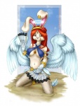 clothed clothing ear_piercing fans feathered_wings feathers female glowing halo kneeling piercing skimpy solo wings amanda_james angel lagomorph mammal skvader