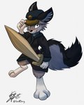 anthro breasts clothing dipstick_tail female fur gloves_(marking) grey_body grey_fur hat headgear headwear leg_markings markings melee_weapon multicolored_tail simple_background socks_(marking) solo sword tail tail_markings weapon white_background scottderg lucile_virmir canid canine fox mammal 2021 hi_res