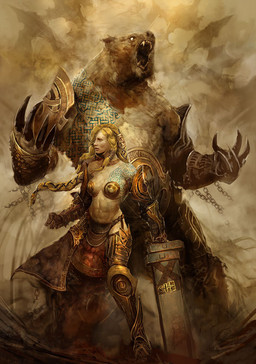 abs angry anthro armor big_breasts bottomwear braided_hair breasts brown_body brown_fur chain claws clothing duo female fur hair holding_melee_weapon holding_object holding_sword holding_weapon loincloth looking_aside male melee_weapon muscular muscular_female open_mouth sword tattoo unconvincing_armor weapon kekai_kotaki guild_wars bear human mammal concept_art