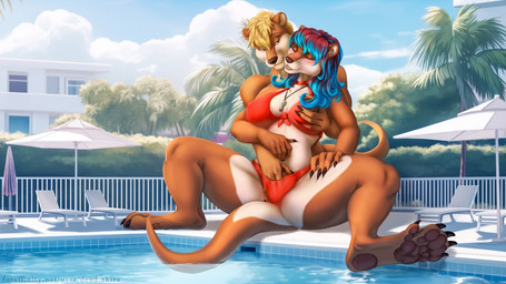 anthro anthro_on_anthro bikini breast_grab breasts clothing duo female fingering hand_on_breast lifeguard macro male male/female micro open_mouth relaxing sitting swimming_pool swimwear two-piece_swimsuit vaginal vaginal_fingering whistle_(object) dead.akira lacey_devereaux mammal mustelid otter 16:9 hi_res widescreen