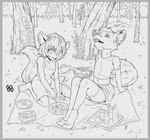 accessory adolescent anthro apple basket bedding blanket border bottle bottomwear clothed clothing container cookie crop_top crossdressing cutlery dress duo female flower flower_in_hair food forest fork front_view fruit glass grape grass grey_border hair hair_accessory happy holding_fork holding_object juice_(beverage) kitchen_utensils kneeling looking_at_another male on_blanket orange_(fruit) outside picnic plant plate rock shirt sitting sitting_on_blanket skirt smile tail teeth tongue tools topwear tree young young_anthro young_female young_male gogogrey ichigo_(strawberryfoxxies) canid canine canis fox mammal 2025 absurd_res digital_media_(artwork) hi_res monochrome signature sketch