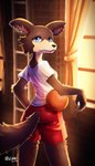 2020 anthro basketball beastars blue_eyes brown_body brown_fur butt butt_pose canid canine canis clothing female fingers fur hi_res inner_ear_fluff juno_(beastars) looking_at_viewer looking_back lunesnowtail mammal pink_inner_ear pose smile solo tuft wolf