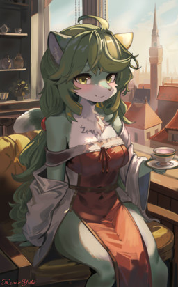 anthro armwear belly breasts closed_smile clothed clothing container countershading cup detached_sleeves dress female front_view fully_clothed fur green_body green_eyes green_fur green_hair hair inside mouth_closed sitting smile solo tea_cup white_belly window_seat kemo_yuki domestic_cat felid feline felis mammal absurd_res hi_res