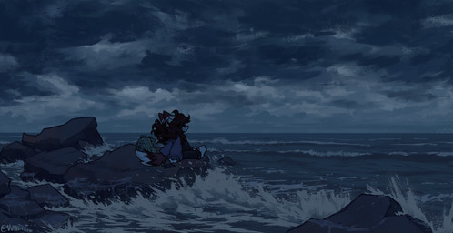 anthro atmospheric backpack black_bottomwear black_clothing black_pants bottomwear cellphone clothing cloud cloudy_sky electronics eyewear female glasses grey_cloud grey_sky hair long_hair on_rock outside pants phone purple_clothing purple_sweater purple_topwear rock sea sitting sitting_on_rock sky skyscape smartphone solo sweater topwear water wave vulkiri canid canine fox mammal absurd_res hi_res