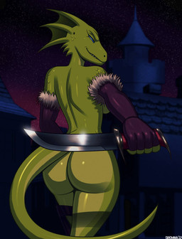anthro bent_tail blue_eyes breasts butt claws female finger_claws green_body green_scales grin knife looking_at_viewer looking_back looking_back_at_viewer mostly_nude_female nudist outside presenting presenting_hindquarters scales smile smug solo tail three-quarter_view tongue walking deadmann bethesda_game_studios microsoft mythology oblivion the_elder_scrolls karma_(deadmann) argonian dragon mythological_creature mythological_scalie reptile scalie black_and_white monochrome portrait three-quarter_portrait