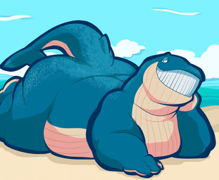 anthro beach blue_arms blue_body blue_legs blue_tail cloud hand_on_head lying male obese on_front overweight sand sea smile smiling_at_viewer solo tail water unknown_artist jay_(questionablesalsa) aquatic baleen_whale blue_whale cetacean mammal whale 2025 hi_res