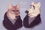 anthro brown_body brown_eyes brown_fur clothed clothing dialogue duo fangs fur green_eyes grey_background male simple_background speech_bubble teeth text whiskers white_body white_fur ritwell disney zootopia gary_(zootopia) larry_(zootopia) canid canine canis mammal wolf english_text hi_res