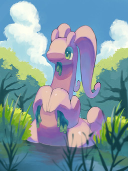 ambiguous_gender antennae_(anatomy) anthro cloud green_eyes partially_submerged plant purple_body sky smile solo tail tree water p9kfxaofqi54546 nintendo pokemon generation_6_pokemon goodra pokemon_(species) 2025 3:4 hi_res