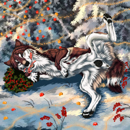 animal_genitalia animal_vulva anus black_nose black_pawpads black_vulva blue_eyes brown_body brown_fur candy_cane_in_mouth canine_genitalia canine_vulva cheek_tuft christmas_tree facial_tuft fangs female feral front_view fur genitals holidays looking_at_viewer lying neck_tuft on_side outside pawpads plant presenting presenting_anus presenting_vulva shrub snow solo spread_legs spreading teeth text tree tuft vulva white_body white_fur msdeadsoul christmas canid canine mammal 1:1 2024 artist_name dated hi_res