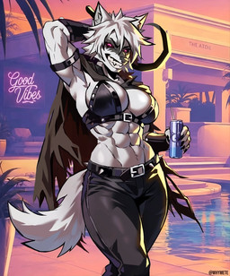 anthro claws clothing crossgender female hair looking_at_viewer mtf_crossgender short_hair smile solo tail teeth text whymete dreamworks gta_vi_cover_girl puss_in_boots_(franchise) death_(puss_in_boots) canid canine canis mammal wolf artist_name english_text hi_res