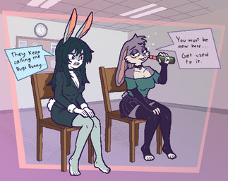 anthro bottle bottomwear chair clothed clothing container drinking duo embarrassed female female/female furniture holding_bottle holding_container holding_object inside looking_at_another momo_(gatoasti) office office_lady outline pencil_skirt simple_background sitting skirt smug speech_bubble text waiting_room ircluzar violet_bunny lagomorph leporid mammal rabbit colored digital_media_(artwork) english_text hi_res pixel_(artwork) shaded