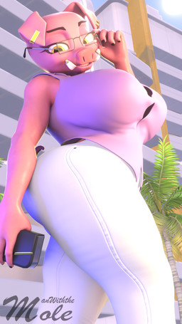 anthro big_breasts black_bra black_clothing black_underwear bottomwear bra breasts city city_background clothed clothing eyewear female glasses looking_at_viewer pants piercing pink_clothing pink_shirt pink_topwear purse shirt sleeveless_shirt smile smiling_at_viewer solo topwear tusks underwear white_bottomwear white_clothing white_pants yellow_eyes manwiththemole mayosplash_(modeler) microsoft minecraft mojang xbox_game_studios penelope_piglin domestic_pig mammal piglin suid suine sus_(pig) 3d_(artwork) 9:16 digital_media_(artwork) hi_res