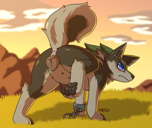 animal_genitalia animal_vulva anus blue_eyes blush blush_lines bodily_fluids butt canine_genitalia canine_vulva claws crossgender digitigrade female feral finger_claws fur genitals looking_back low-angle_view mtf_crossgender multi_nipple nipples outside pawpads paws quadruped raised_leg rear_view solo spread_legs spreading sunset sweat toe_claws vulva nulloffset nintendo the_legend_of_zelda twilight_princess link_(wolf_form) canid canine canis mammal wolf absurd_res digital_media_(artwork) hi_res