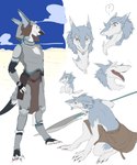 anthro armor barefoot chibi crouching digitigrade exclamation_point feet male melee_weapon multiple_poses open_mouth polearm pose solo spear standing tail weapon mayo-san sergal 2020 5:6 hi_res