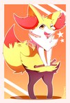 anthro front_view fur holding_object holding_stick looking_at_viewer one_eye_closed open_mouth open_smile red_body red_fur simple_background smile solo standing stick white_body white_fur wink yellow_body yellow_eyes yellow_fur kinozel nintendo pokemon braixen generation_6_pokemon pokemon_(species) 2021 digital_media_(artwork) hi_res signature