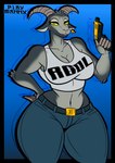 anthro belt belt_buckle big_breasts blue_background border bottomwear breasts buckle clothing crop_top curvy_figure denim denim_bottomwear denim_clothing ear_piercing ear_tag female fingers fur grey_body grey_fur gun hand_on_hip handgun hooved_fingers hooves horizontal_pupils horn jeans navel pants piercing pistol pupils ranged_weapon shirt simple_background solo text text_on_clothing thick_thighs tongue tongue_out topwear transparent_border weapon wide_hips yellow_eyes p1aymannx coffee_stain_studios epic_games fortnite goat_simulator pilgor_(goat_simulator) bovid caprine goat mammal 2024 absurd_res alpha_channel hi_res