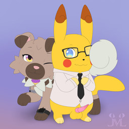 animal_genitalia animal_penis anthro belly blue_eyes blush blush_lines bottomless brown_body brown_fur clock clothed clothing duo erection eyewear female feral fur genitals glasses male male/female multicolored_eyes necktie partially_clothed penis purple_eyes rodent_penis tan_belly tapering_penis watch wristwatch yellow_body yellow_eyes yellow_fur jm-luxro nintendo pokemon roxi_(cirafiore) generation_1_pokemon generation_7_pokemon pikachu pokemon_(species) rockruff 1:1 absurd_res hi_res