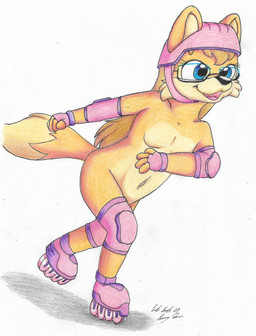 anthro armor blonde_hair blue_eyes clothing elbow_pads eyewear female fingerless_gloves flat_chested footwear fur glasses gloves hair handwear hard_hat headgear helmet inline_skates knee_pads nude nude_anthro nude_female public public_exposure public_nudity roller_skates safety skating solo wearing_glasses yellow_body yellow_fur young young_anthro young_female silversimba01 polymorph canid canine fox mammal hi_res