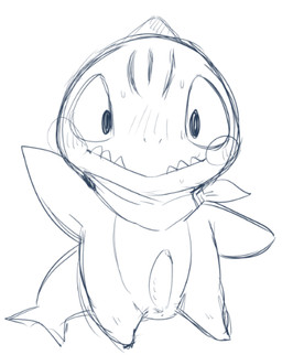 anthro blush bodily_fluids erection genitals looking_at_viewer male mostly_nude penis scarf semi-anthro sharp_teeth simple_background solo sweat teeth tongue white_background doneru aquatic fish shark 2015 blue_and_white monochrome sketch