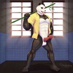 anthro balls bamboo clothed clothing genitals humanoid_genitalia humanoid_penis male muscular open_clothing open_shirt open_topwear penis plantigrade scar shirt solo standing tongue tongue_out topwear cowardlion beastars gouhin_(beastars) bear giant_panda mammal 1:1 hi_res