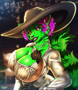 anthro big_breasts breasts clothed clothing cosplay dress female flower fur green_body green_fur hair hat headgear headwear lips looking_at_viewer mature_anthro mature_female pink_hair plant rose_(flower) smile solo sun_hat sundress wide_brim_hat yellow_eyes leonifa capcom resident_evil alcina_dimitrescu fan_character bow_experiment_(resident_evil) cadou_host_(resident_evil) cheshire_cat_(species) domestic_cat felid feline felis mammal vampire absurd_res digital_media_(artwork) hi_res