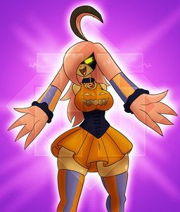 anthro bottomwear clothing collar corset female food fruit legwear lingerie one_eye_obstructed plant presenting pumpkin skirt small_waist solo thigh_highs topwear wide_hips diamond_grenadier meme_clothing nintendo pokemon generation_6_pokemon gourgeist pokemon_(species) hi_res meme