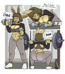 anthro athletic_wear barbell bicep_curl big_butt breasts butt dumbbell ear_piercing exercise female piercing push-up solo squats thought_bubble weightlifting weights workout workout_clothing ponehanon lap_of_luxury delaila_(ponehanon) lagomorph leporid mammal rabbit hi_res