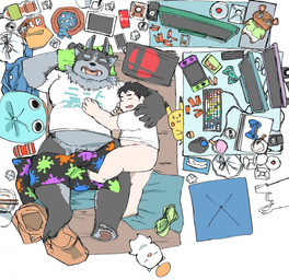 anthro barely_visible_genitalia barely_visible_penis belly butt clothing computer duo electronics eyes_closed game_console genitals hug humanoid_hands kemono lying male male/male overweight overweight_male penis plushie shirt sleeping topwear s_ouo lifewonders nintendo nintendo_switch tokyo_afterschool_summoners tsathoggua_(tas) human mammal 2020 hi_res