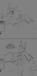 appliance barista blush bodily_fluids cafeteria coffee_maker comic_panel ear_twitch ellipsis feral fingers kitchen_appliance kitrinos_(buns_and_foxes) leaf leaf_arms long_ears male sorren_(buns_and_foxes) sweat buns_and_foxes nintendo pokemon eeveelution generation_1_pokemon generation_5_pokemon jolteon pokemon_(species) serperior absurd_res hi_res monochrome sketch