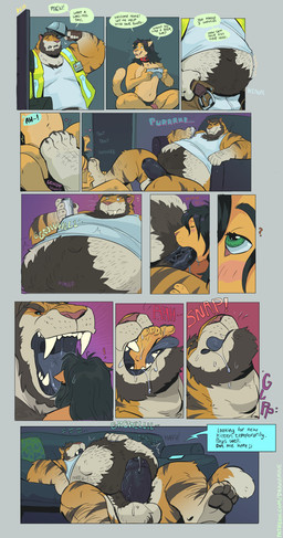 alcohol anthro anthro_on_anthro armor beard beer belly beverage beverage_can big_belly bodily_fluids cellphone construction_worker dialogue duo electronics facial_hair feet fellatio foot_fetish foot_focus foot_play fur gaming_controller hard_hat headgear heart_symbol helmet imminent_death larger_male licking licking_lips male male/male open_mouth oral oral_vore orange_body orange_fur overweight overweight_male penile phone saliva sex size_difference sleeping smaller_male sound_effects speech_bubble striped_body striped_fur stripes swallowing teeth text tongue tongue_out vore vowelless vowelless_sound_effect zzz dramamine felid mammal prehistoric_species saber-toothed_tiger smilodon absurd_res comic english_text hi_res