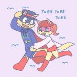 anthro cape clothing duo female hand_holding hat headgear headwear male male/female pink_background running simple_background buke3jp kaiketsu_zorori zororeene zorori canid canine fox mammal 1:1 hi_res