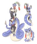 anthro armor balancing_on_tail black_sclera claws fangs flower male multicolored_body multicolored_skin pauldron plant purple_body purple_skin question_mark simple_background solo tail teeth white_background white_body white_skin yellow_eyes inufuji tikaka_the_ancient reptile scalie snake 5:6 hi_res