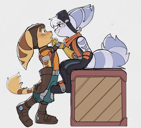 anthro bedroom_eyes blush boots box clothed clothing container crate cybernetic_arm cybernetic_limb duo ear_piercing ear_ring eyewear eyewear_on_head female fluffy fluffy_tail footwear fur gloves goggles goggles_on_head hair handwear male male/female markings narrowed_eyes piercing pink_nose red_scarf ring_(marking) ring_piercing ringed_tail scarf seductive shoes striped_markings striped_tail stripes tail tail_markings tail_tuft thin_tail tuft white_body white_fur white_hair yellow_body yellow_fur time_fluffy500 ratchet_and_clank sony_corporation sony_interactive_entertainment ratchet_(ratchet_and_clank) rivet_(ratchet_and_clank) lombax mammal hi_res